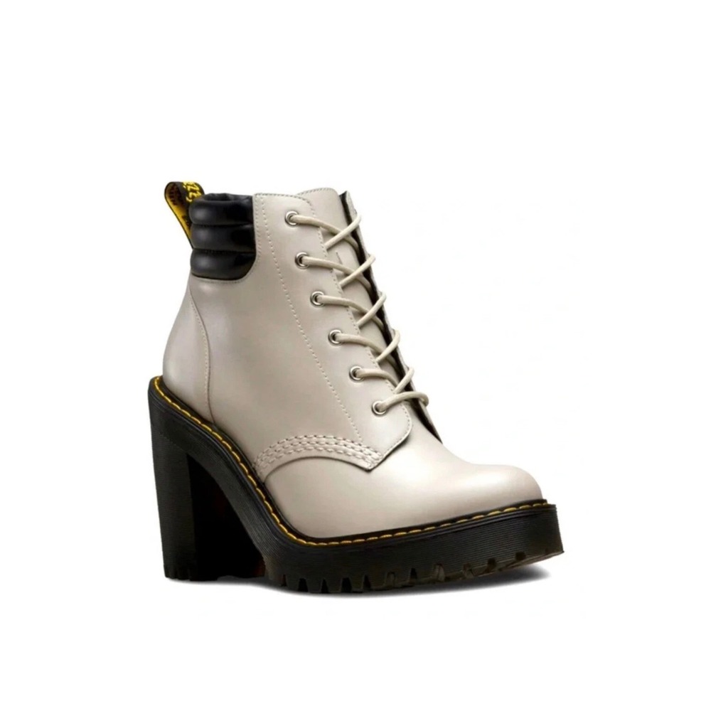 Dr. Martens Averil Grey Leather Lace Up Heeled Ankle Boots 4 Inch Block Heel